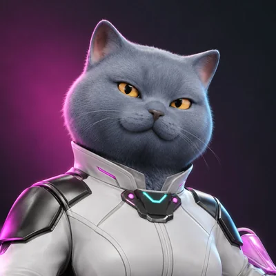 Kotost, a grey British shorthair hero in a white coat