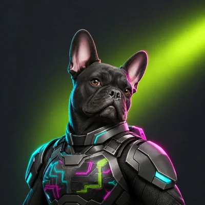 Milka, a black French bulldog hero in cyber armour