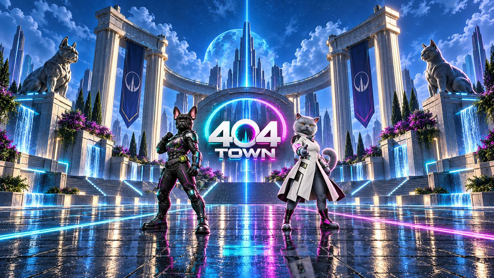 Milka and Kotost at the neon gates of 404 TOWN